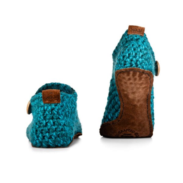 Crocheted Wool Ankle Bootie Slippers in Glacier Teal_back view