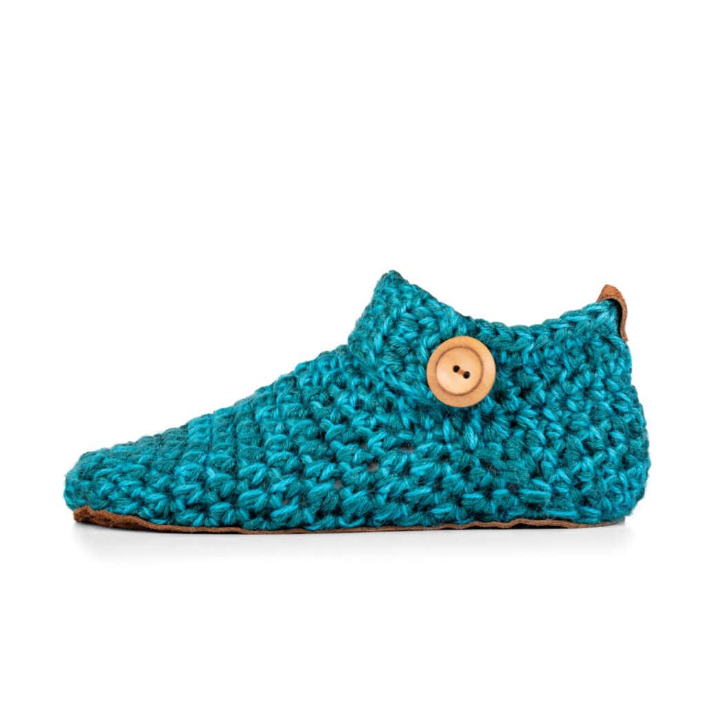 Crocheted Wool Ankle Bootie Slippers in Glacier Teal_side view