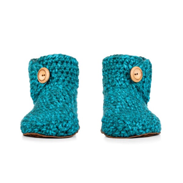 Crocheted Wool Bootie Slipper in Glacier Teal_front view