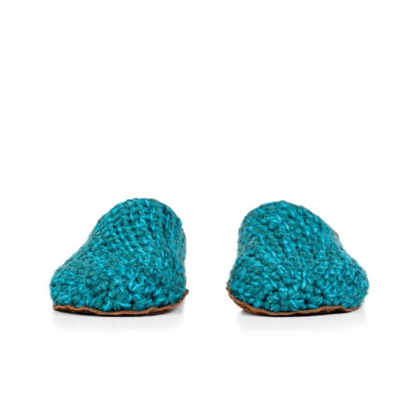 Crocheted Wool Slippers in Glacier Teal_front view