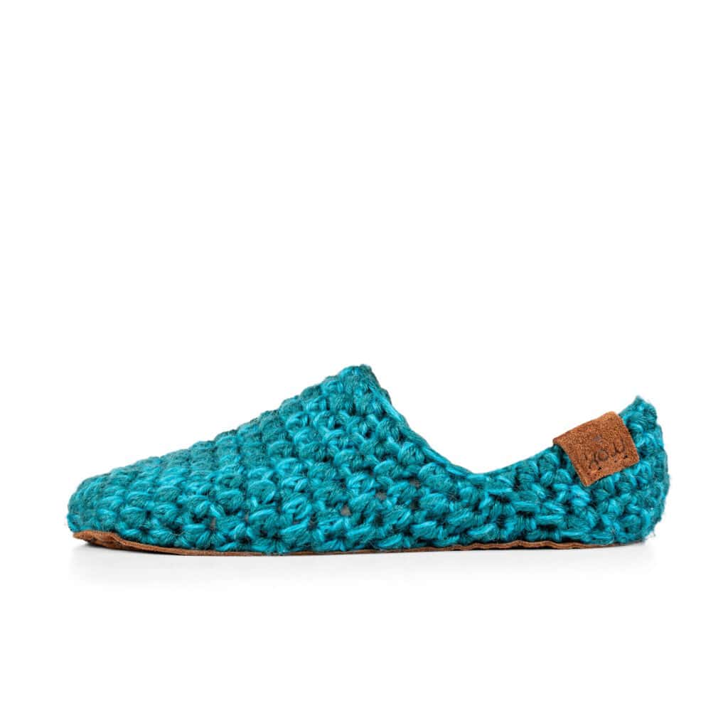 Crocheted Wool Slippers in Glacier Teal_side view