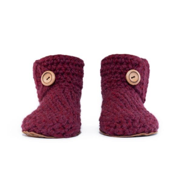 Crocheted Wool Bootie Slipper in Mulberry Red_front view