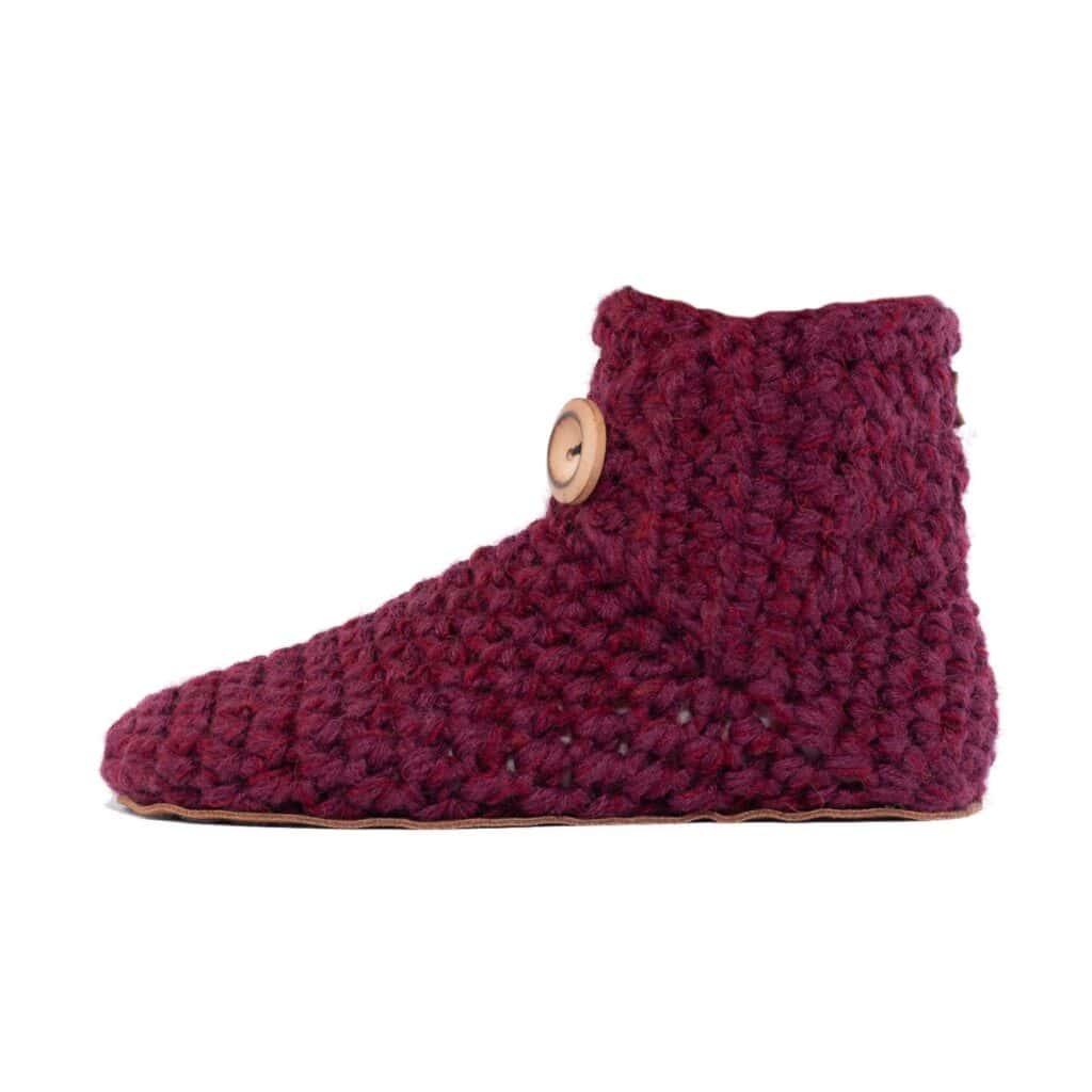 Crocheted Wool Bootie Slipper in Mulberry Red_side view