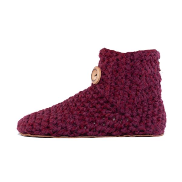 Crocheted Wool Bootie Slipper in Mulberry Red_side view